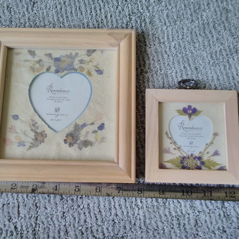 2 Wood Frames with Dried/Pressed  Flower Matting-Heart Opening - NEW
